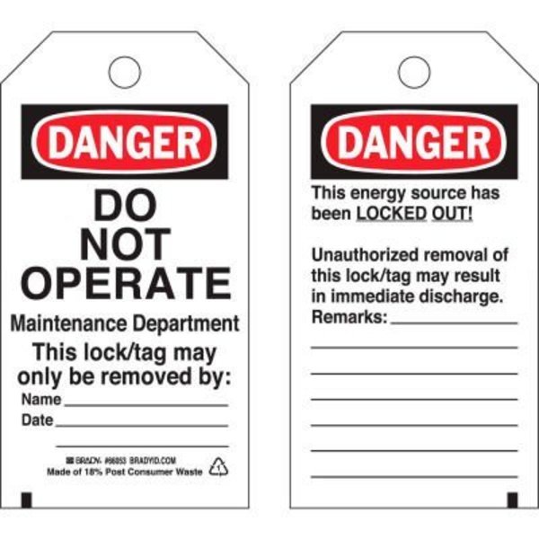 Brady Brady Lockout Tag- Danger Do Not Operate, Heavy Duty Polyester Encapsulated, 25/Pack 66053